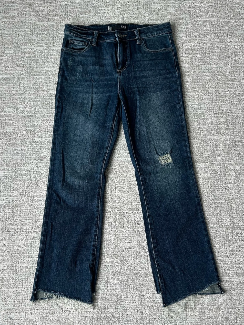 KUT Women's High Rise Ankle Flare Jeans Distressed Dark Blue Denim